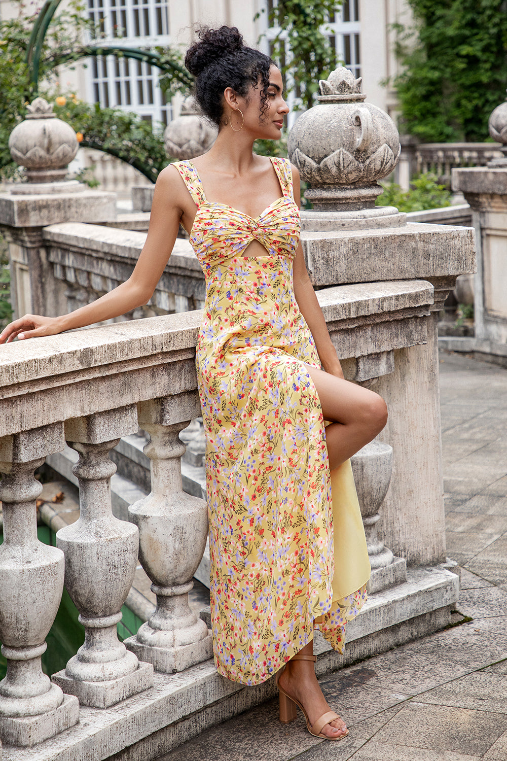 Yellow Flower Front Twist A Line Wedding Guest Dress with Slit