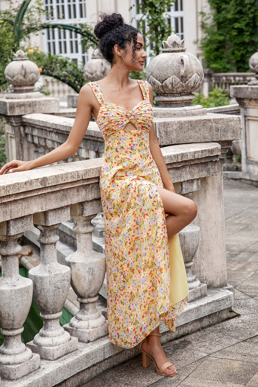 Yellow Flower Front Twist A Line Wedding Guest Dress with Slit