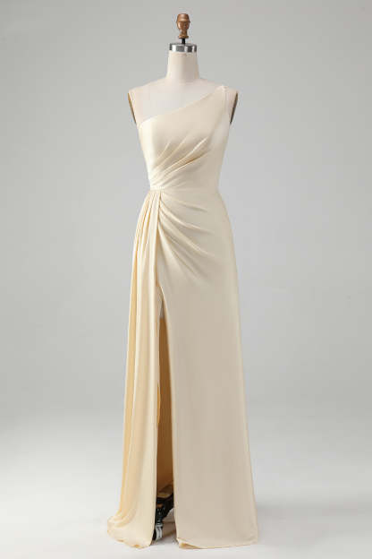Champagne Sheath One Shoulder Long Bridesmaid Dress With Slit