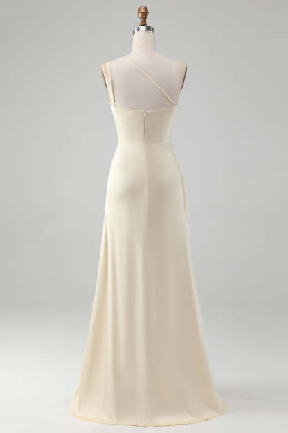 Champagne One Shoulder Sheath Long Bridesmaid Dress With Slit