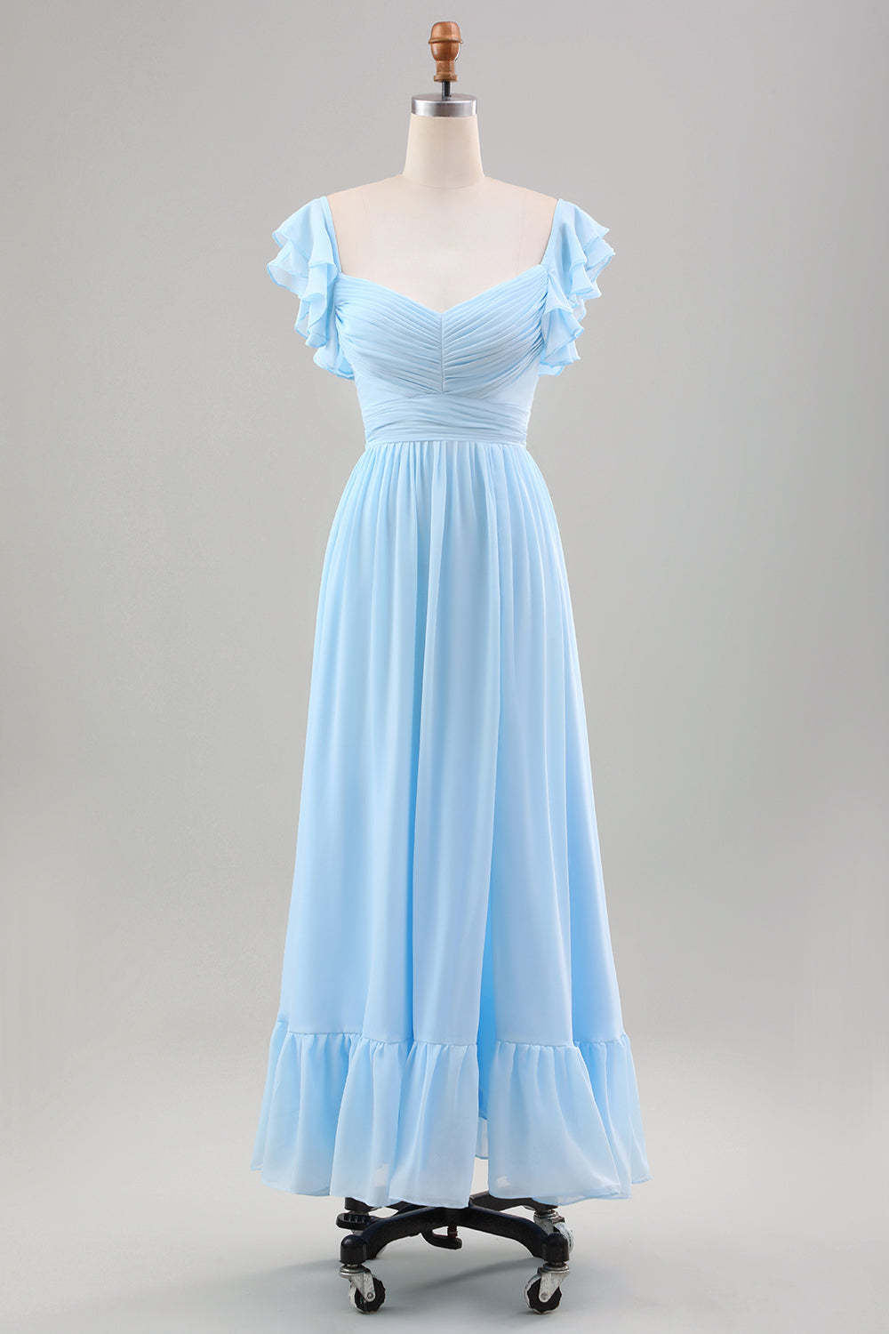 Leely Women Sky Blue Wedding Guest Dress Ruffle Sleeves Chiffon Tea Length Bridesmaid Dresses