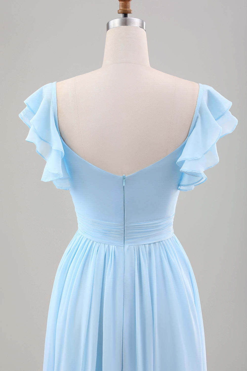 Sky Blue A Line Chiffon Wedding Guest Dress with Ruffle Sleeves
