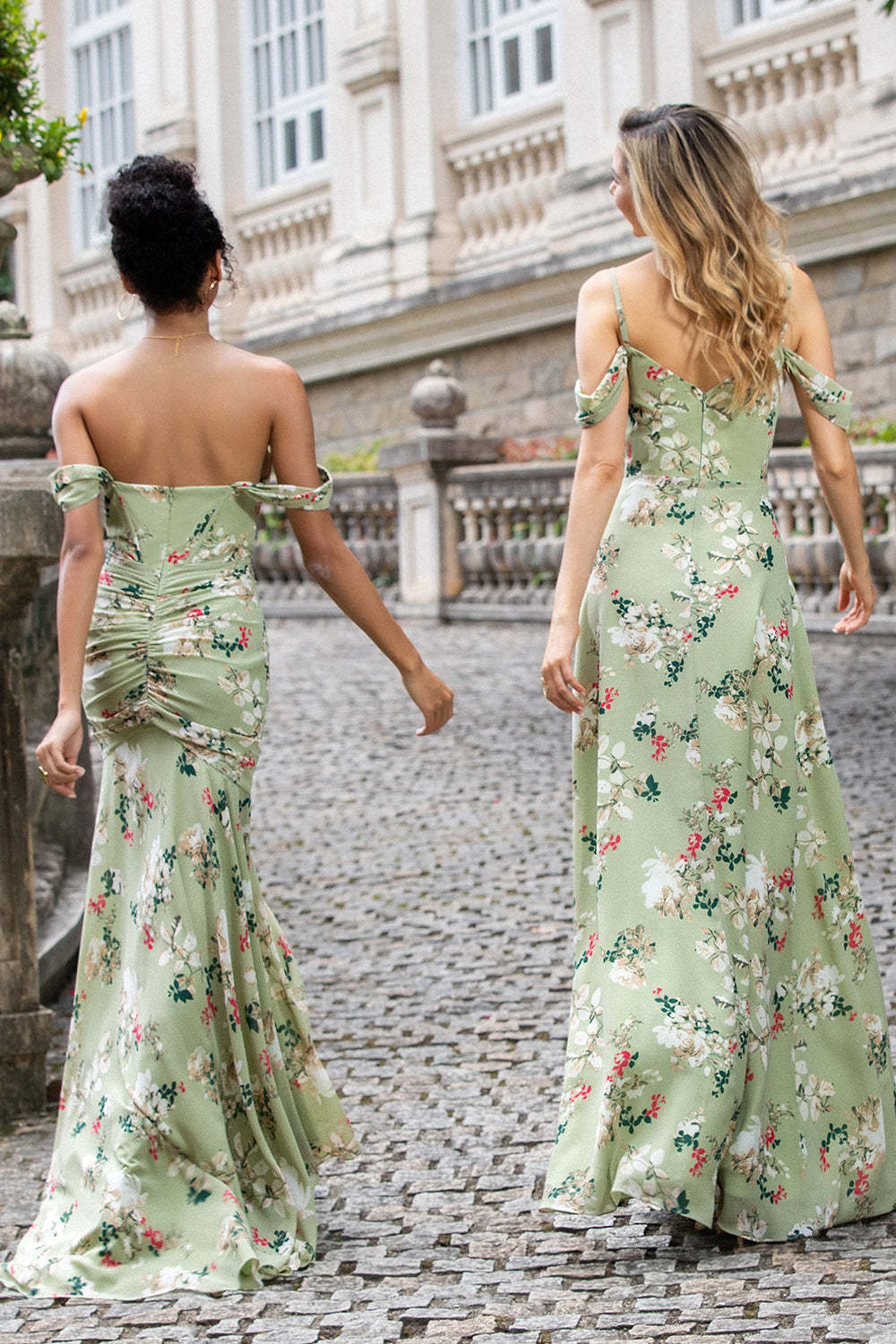 Green Large Flower Mermaid Backless Wedding Guest Dress