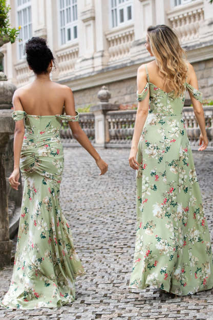Green Large Flower Mermaid Backless Wedding Guest Dress
