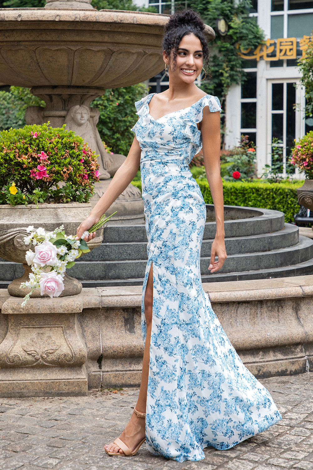 White Blue Flower Mermaid Long Wedding Guest Dress with Slit