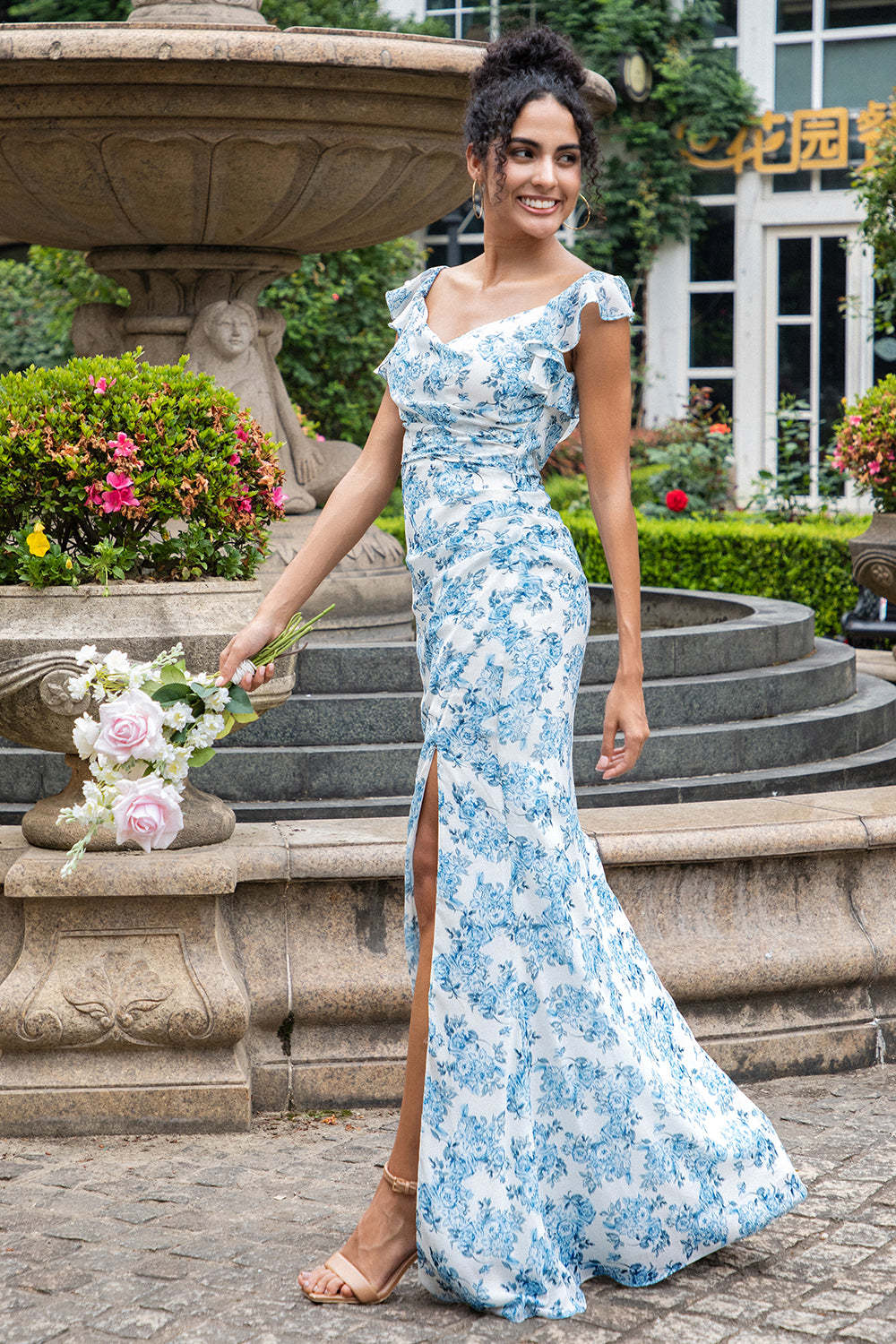 Elegant White Blue Flower Mermaid Wedding Guest Dress with Slit