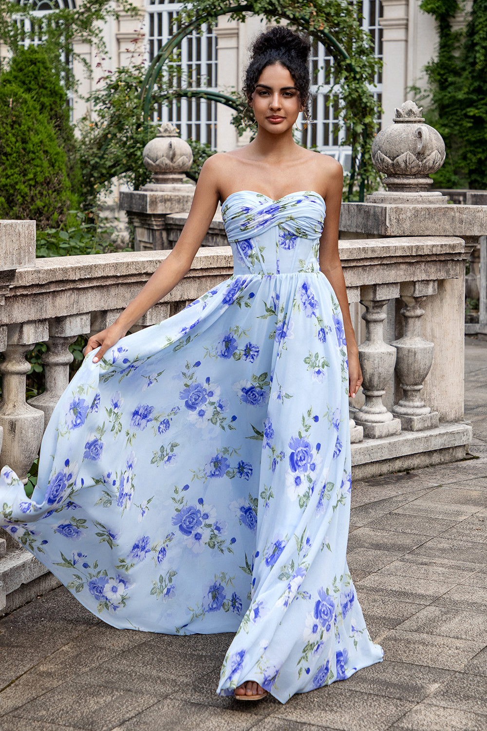 Leely Women Blue Floral Wedding Party Guest Dress A Line Sweetheart Strapless Pleated Long Maxi Bridesmaid Dress