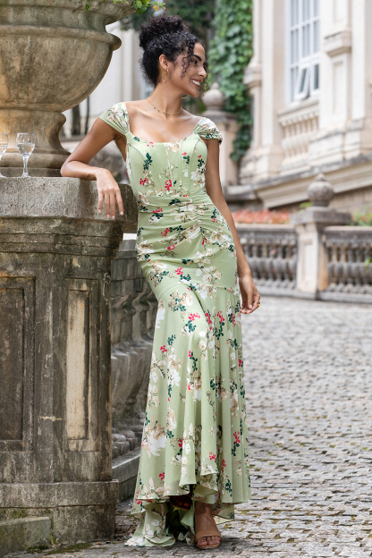 Green Large Flower Mermaid Corset Wedding Guest Dress
