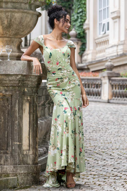 Leely Women Green Large Flower Mermaid Corset Wedding Guest Dress Tiered Asymmetrical Chiffon Prom Dress