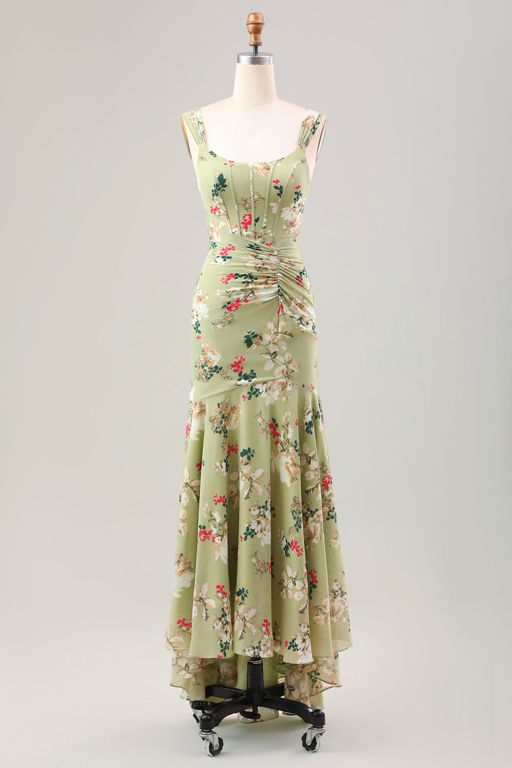 Leely Women Green Large Flower Mermaid Corset Wedding Guest Dress Tiered Asymmetrical Chiffon Homecoming Dress