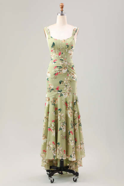 Leely Women Green Large Flower Mermaid Corset Wedding Guest Dress Tiered Asymmetrical Chiffon Homecoming Dress