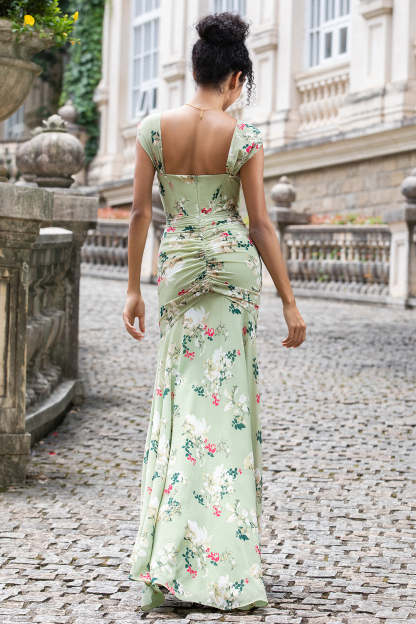 Green Large Flower Mermaid Backless Wedding Guest Dress