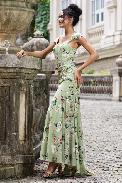 Green Large Flower Mermaid Backless Wedding Guest Dress