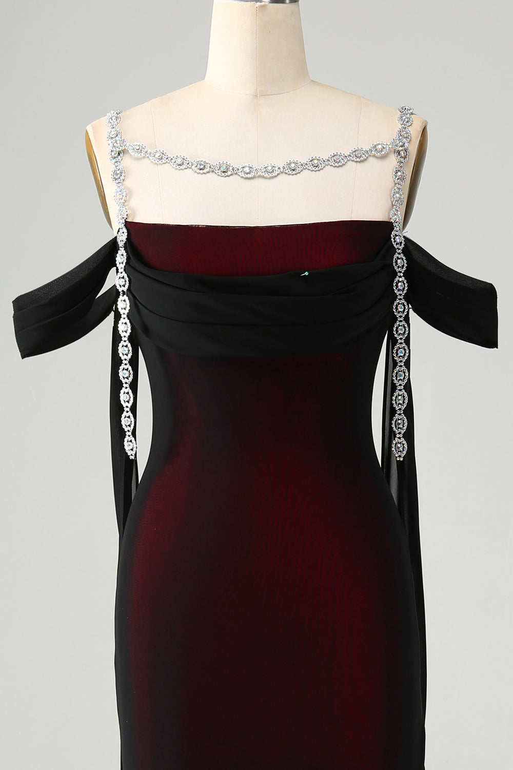 Black Red Mermaid Off the Shoulder Beaded Bridesmaid Dress with Slit