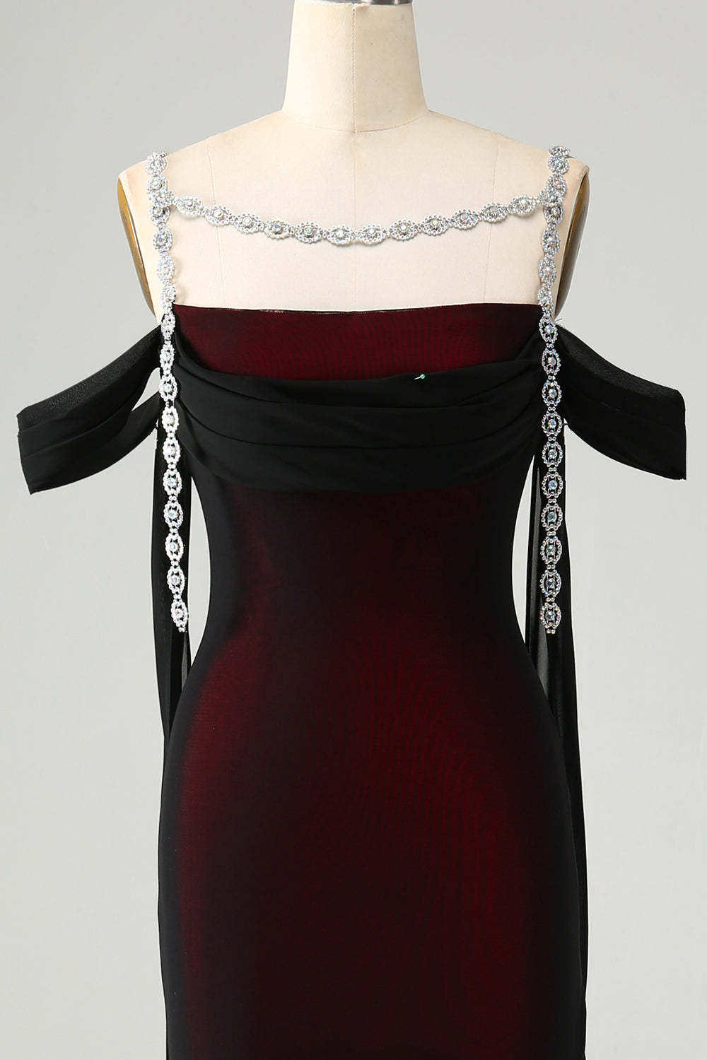 Black Red Mermaid Off the Shoulder Beaded Bridesmaid Dress with Slit