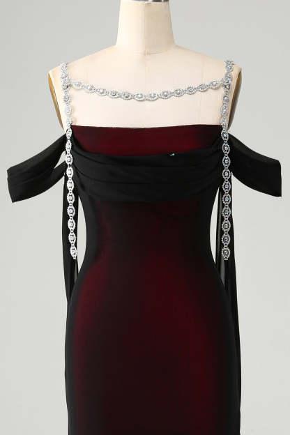 Black Red Mermaid Off the Shoulder Beaded Bridesmaid Dress with Slit