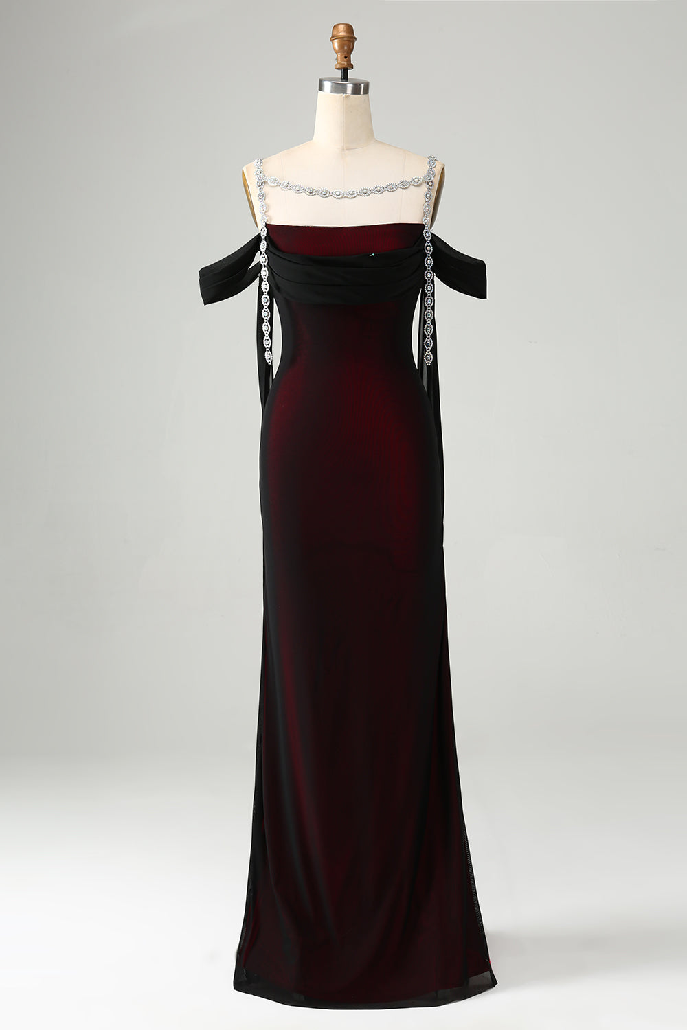 Black Red Mermaid Off the Shoulder Beaded Bridesmaid Dress with Slit