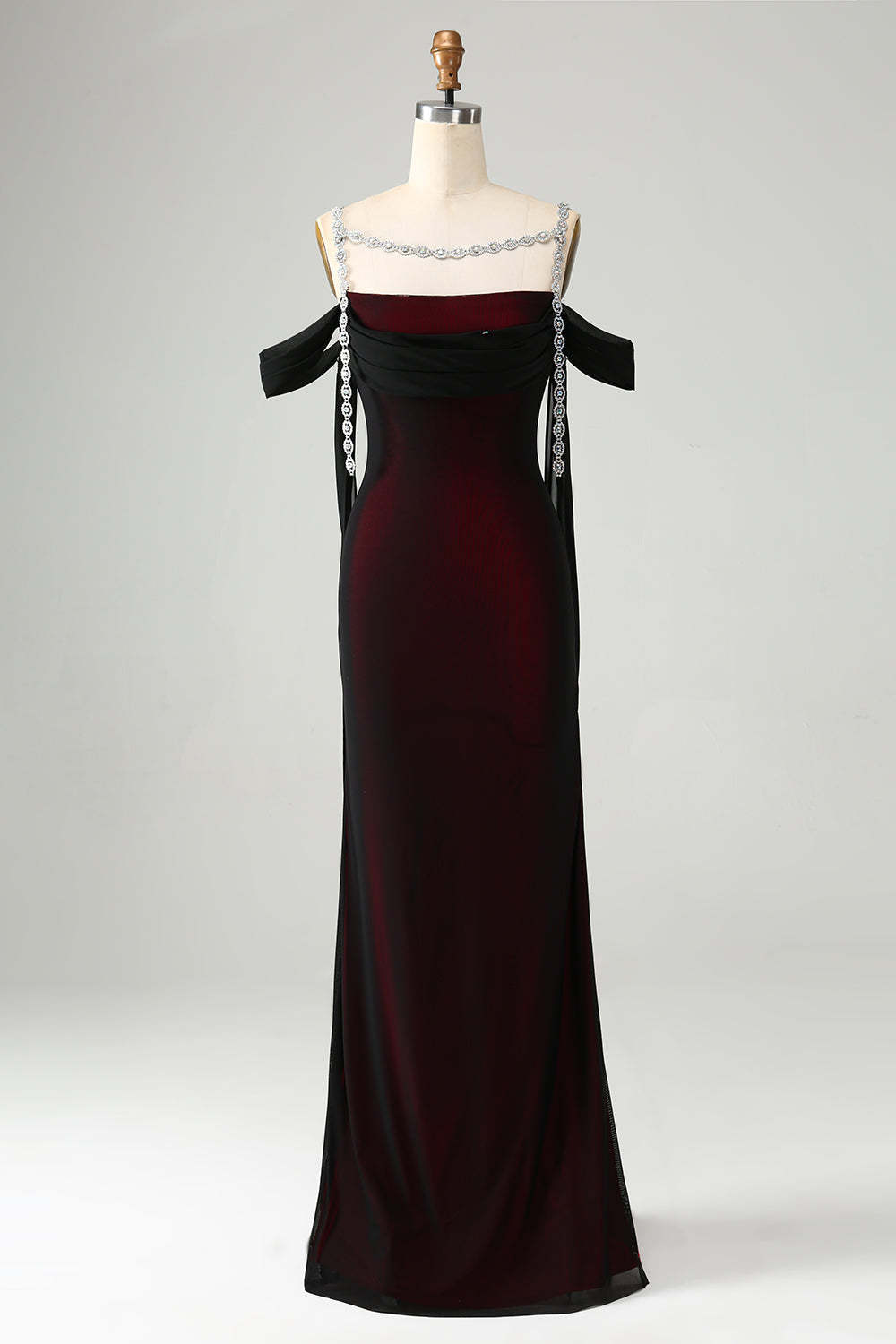 Black Red Mermaid Off the Shoulder Beaded Bridesmaid Dress with Slit