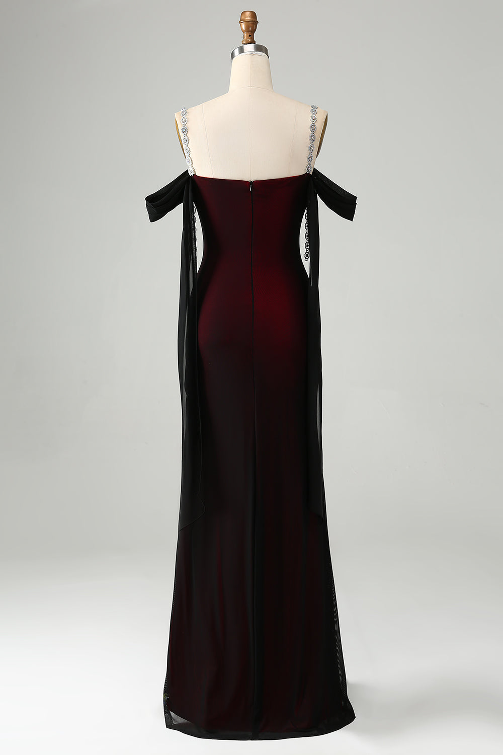 Black Red Mermaid Off the Shoulder Beaded Bridesmaid Dress with Slit