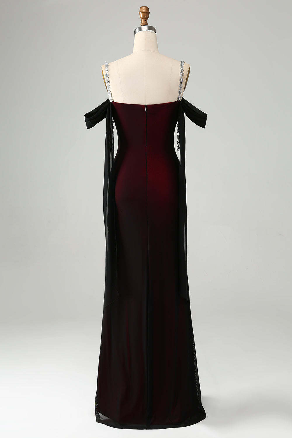 Black Red Mermaid Off the Shoulder Beaded Bridesmaid Dress with Slit