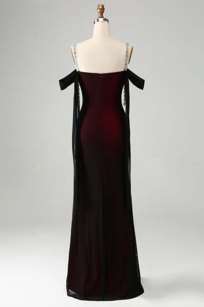 Black Red Mermaid Off the Shoulder Beaded Bridesmaid Dress with Slit
