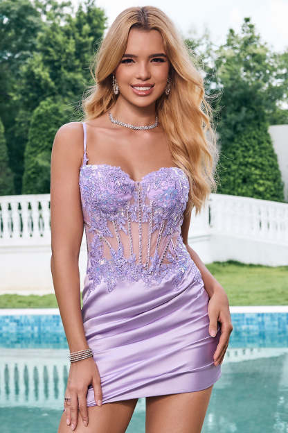 Leely Women Unique Sparkly Tight Purple Homecoming Dress with Appliques Corset Sequin Pleated Cocktail Party Dress
