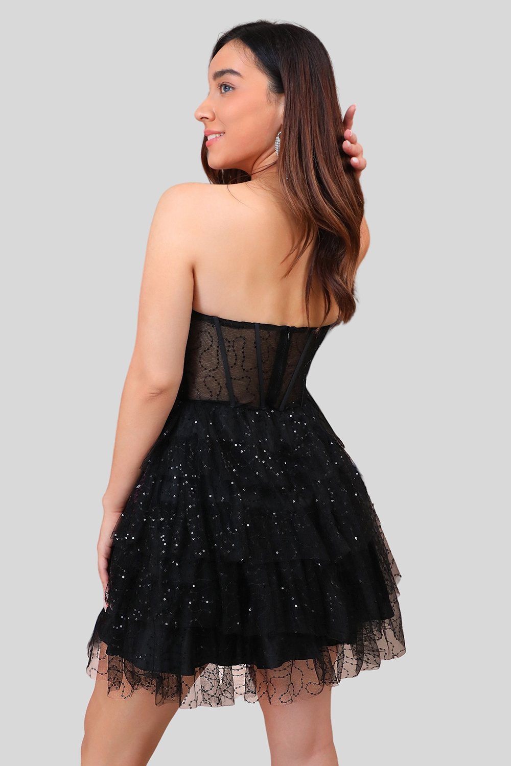 Sparkly A Line Black Sweetheart Tiered Corset Cute Homecoming Dress