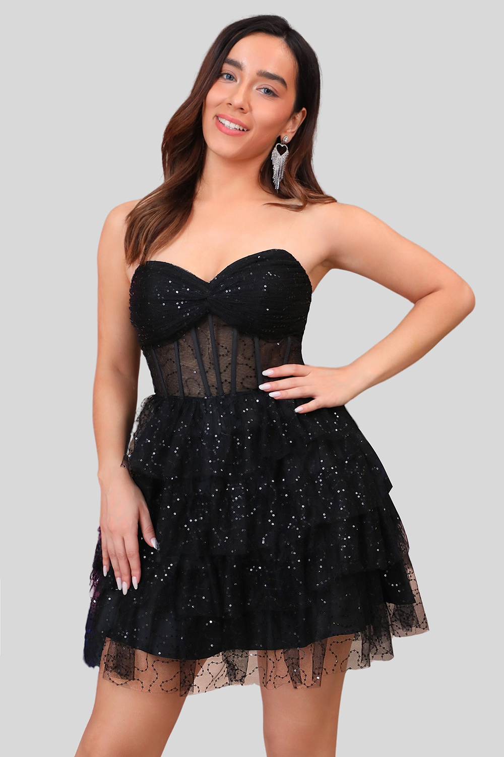 Sparkly A Line Black Sweetheart Tiered Corset Cute Homecoming Dress