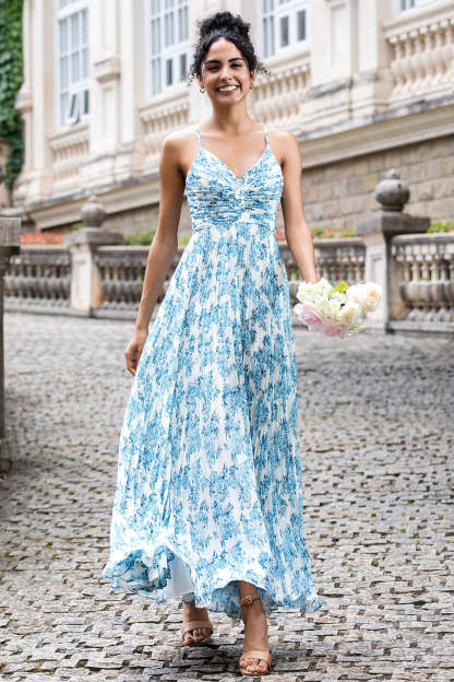 Leely Women Floral Wedding Guest Dress White Blue Flower Pleated Spaghetti Straps A Line Bridesmaid Dress