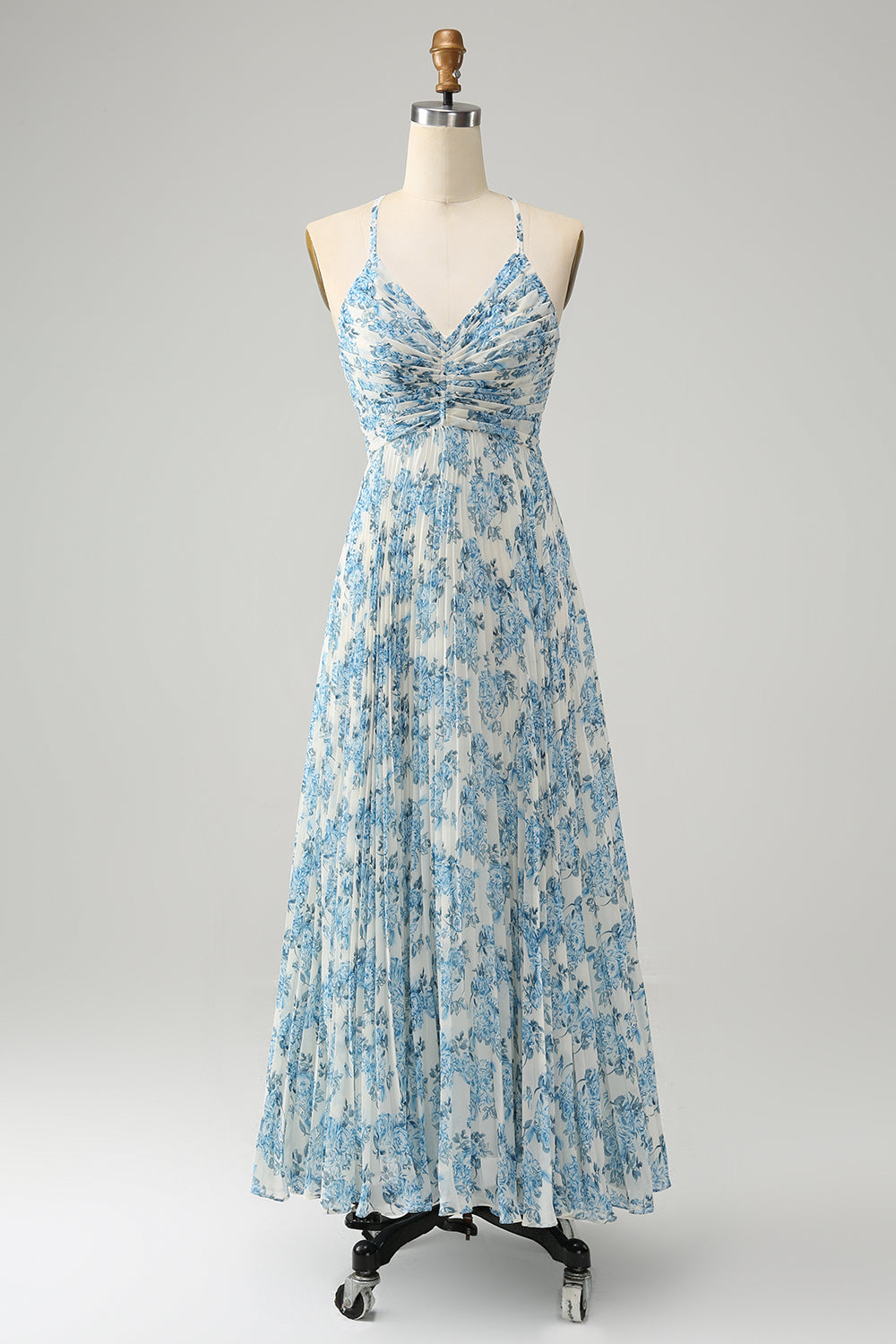 White Blue Flower Pleated A Line Floral Wedding Guest Dress