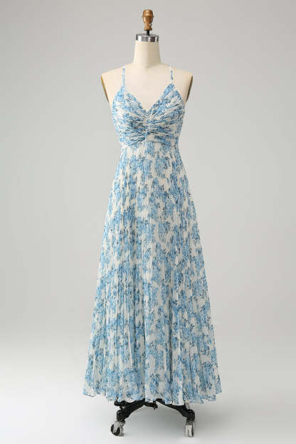 White Blue Flower Pleated A Line Floral Wedding Guest Dress