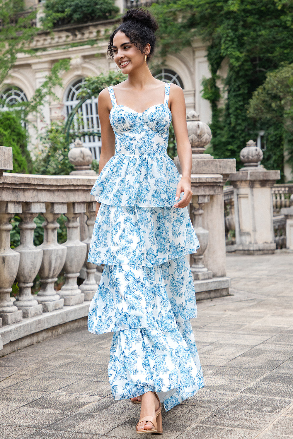 White Blue Corset Tiered A Line Floral Wedding Guest Dress