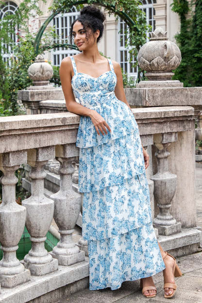 White Blue Corset Tiered A Line Floral Wedding Guest Dress