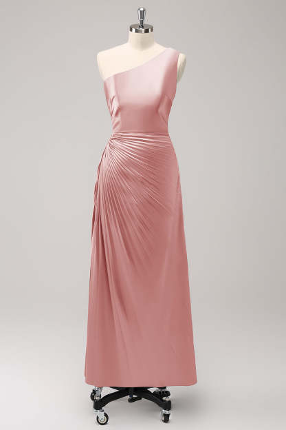 Blue One Shoulder Satin Keyhole Pleated A-Line Bridsmaid Dress