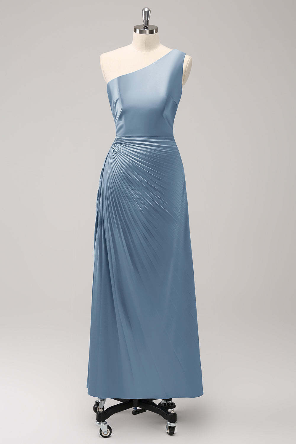 Blue One Shoulder Satin Keyhole Pleated A-Line Bridsmaid Dress