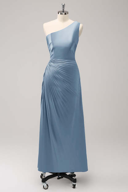 Blue One Shoulder Satin Keyhole Pleated A-Line Bridsmaid Dress