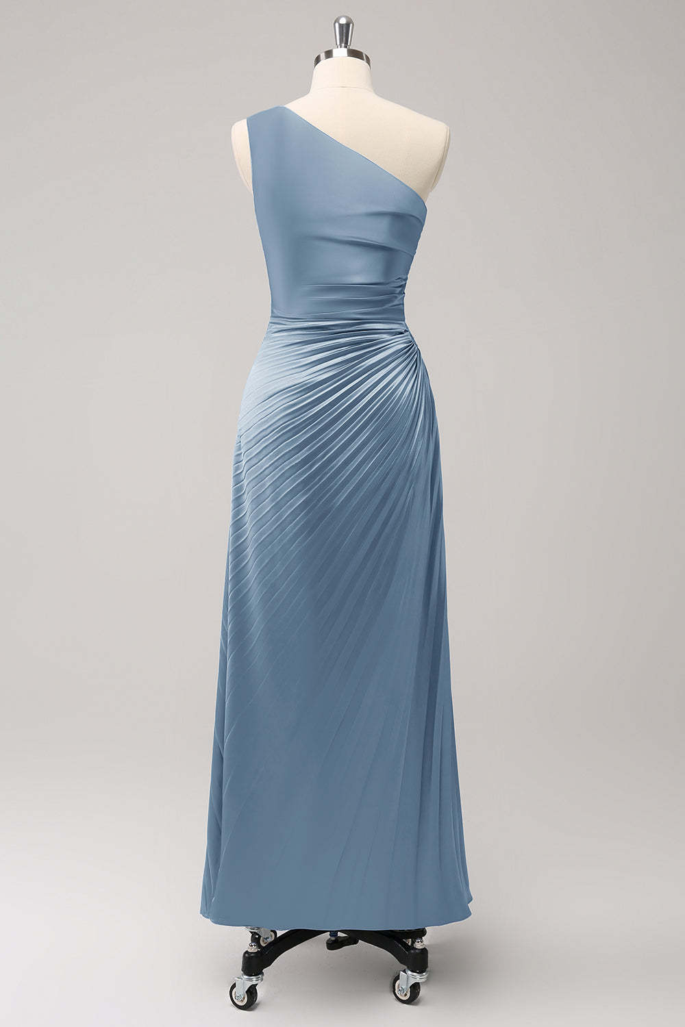 Blue One Shoulder Satin Keyhole Pleated A-Line Bridsmaid Dress