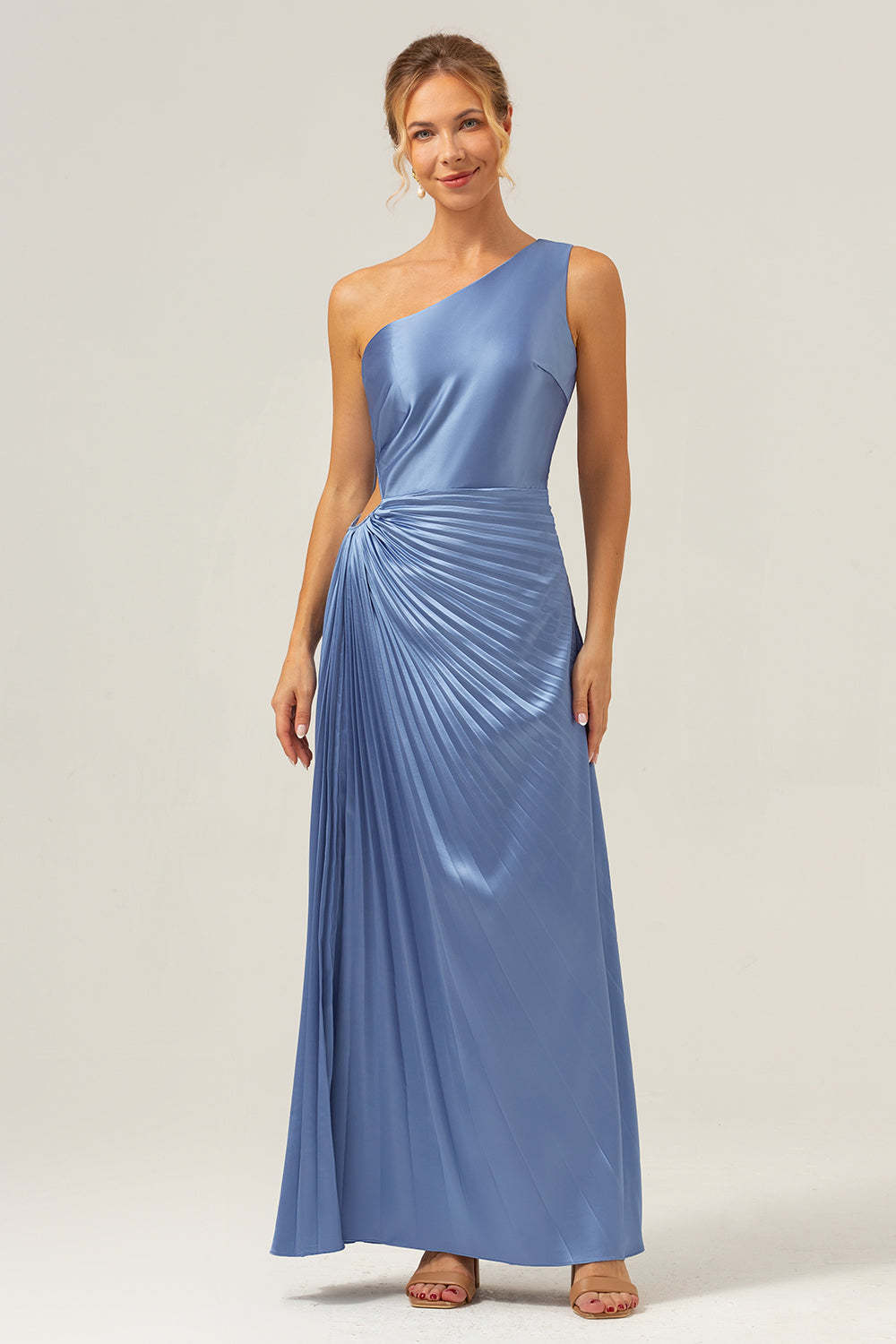Leely Women Blue One Shoulder Satin Keyhole Long Bridesmaid Dress