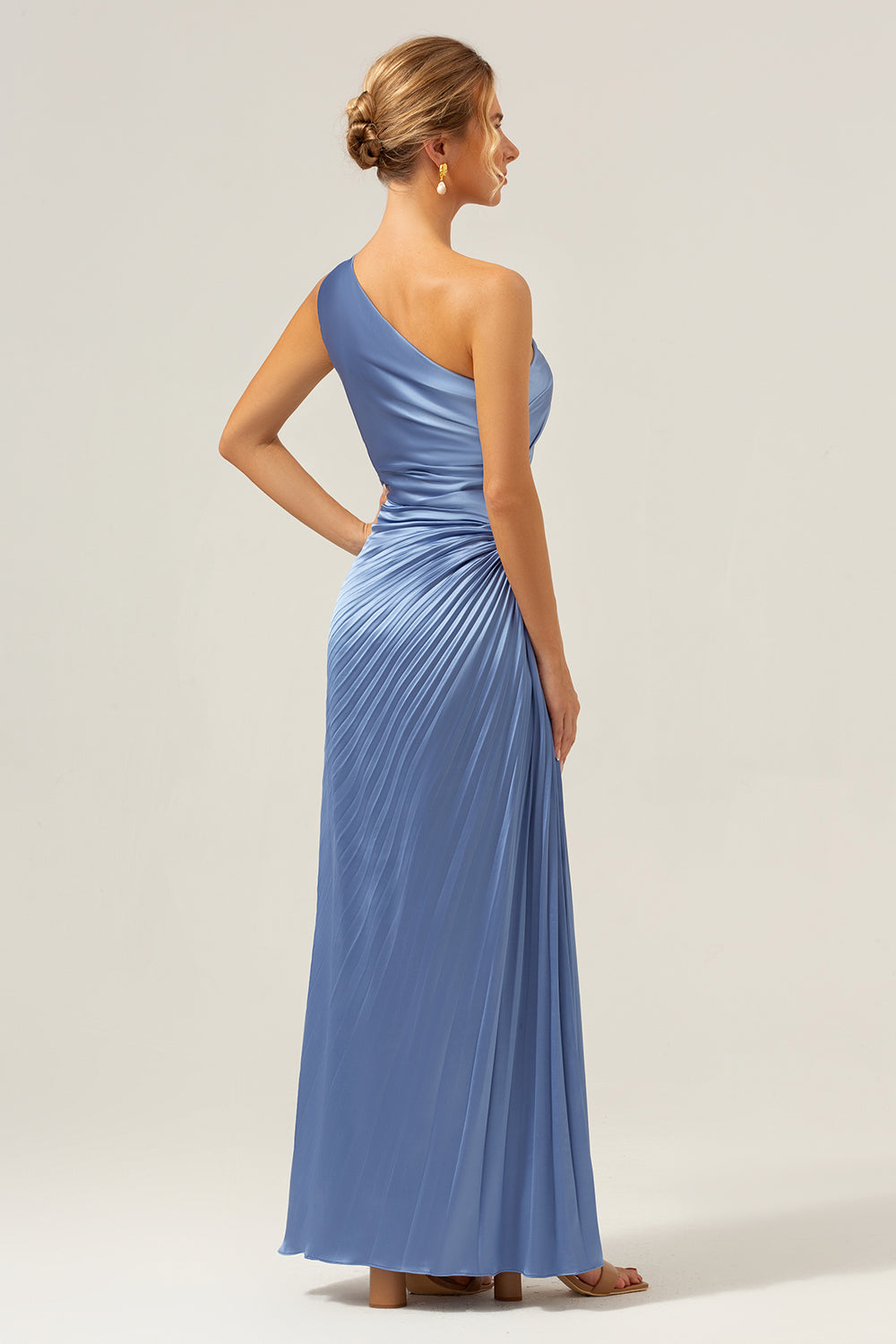 Blue One Shoulder Satin Keyhole Pleated A-Line Bridsmaid Dress