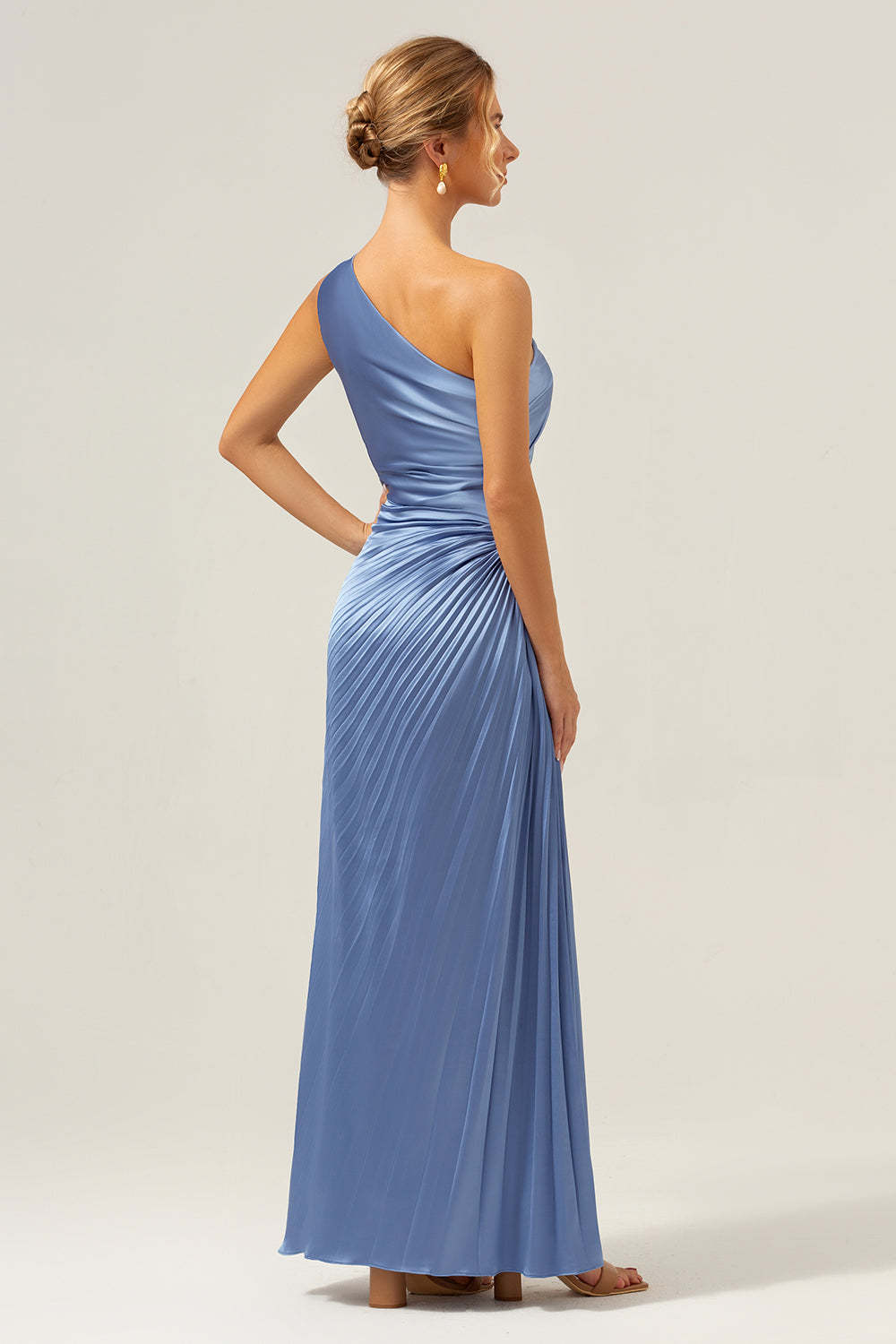 Blue One Shoulder Satin Keyhole Pleated A-Line Bridsmaid Dress