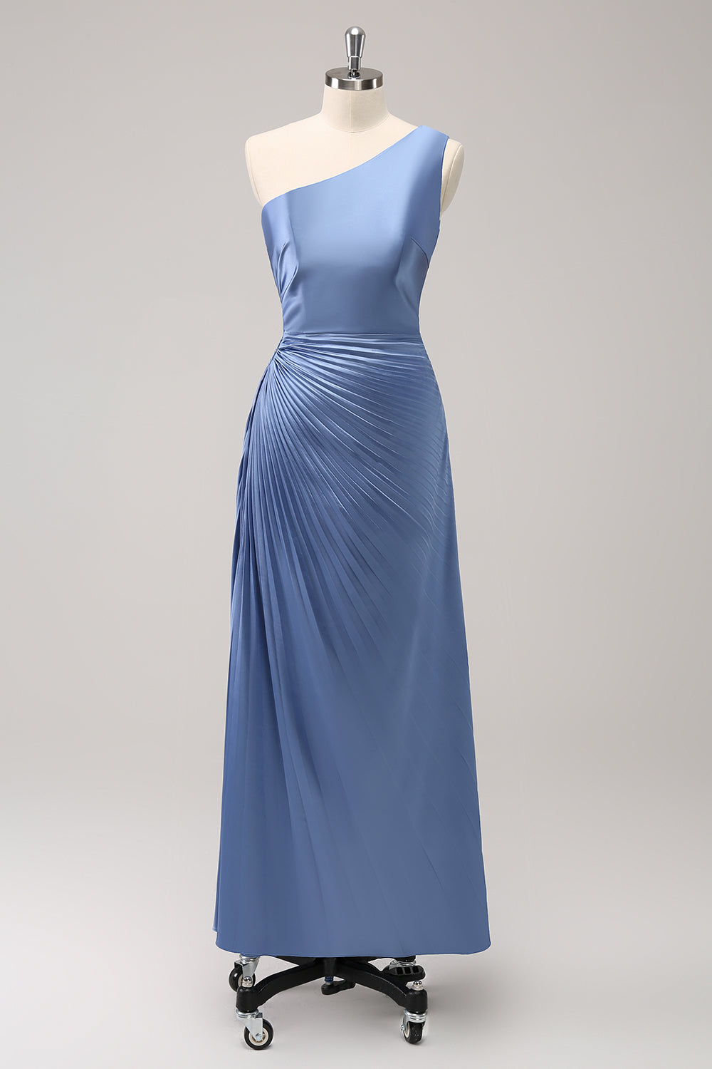 Blue One Shoulder Satin Keyhole Pleated A-Line Bridsmaid Dress