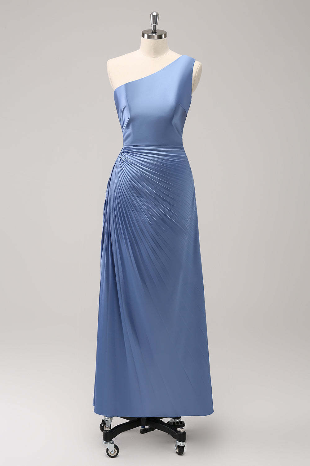 Blue One Shoulder Satin Keyhole Pleated A-Line Bridsmaid Dress