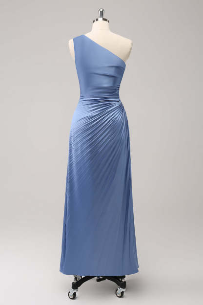 Blue One Shoulder Satin Keyhole Pleated A-Line Bridsmaid Dress