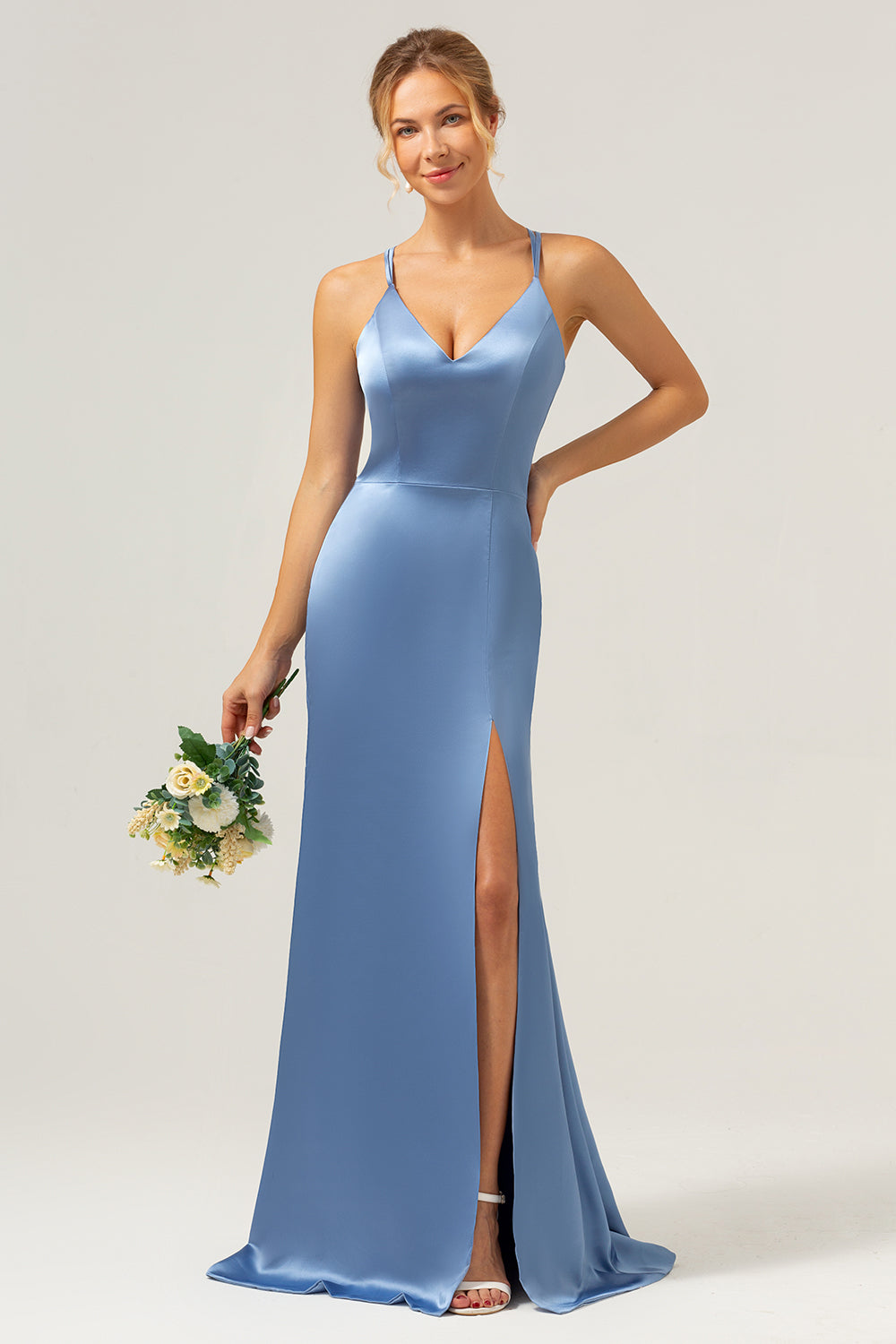 Leely Women Blue Mermaid Satin Bridesmaid Dress with Slit Wedding Party Dress