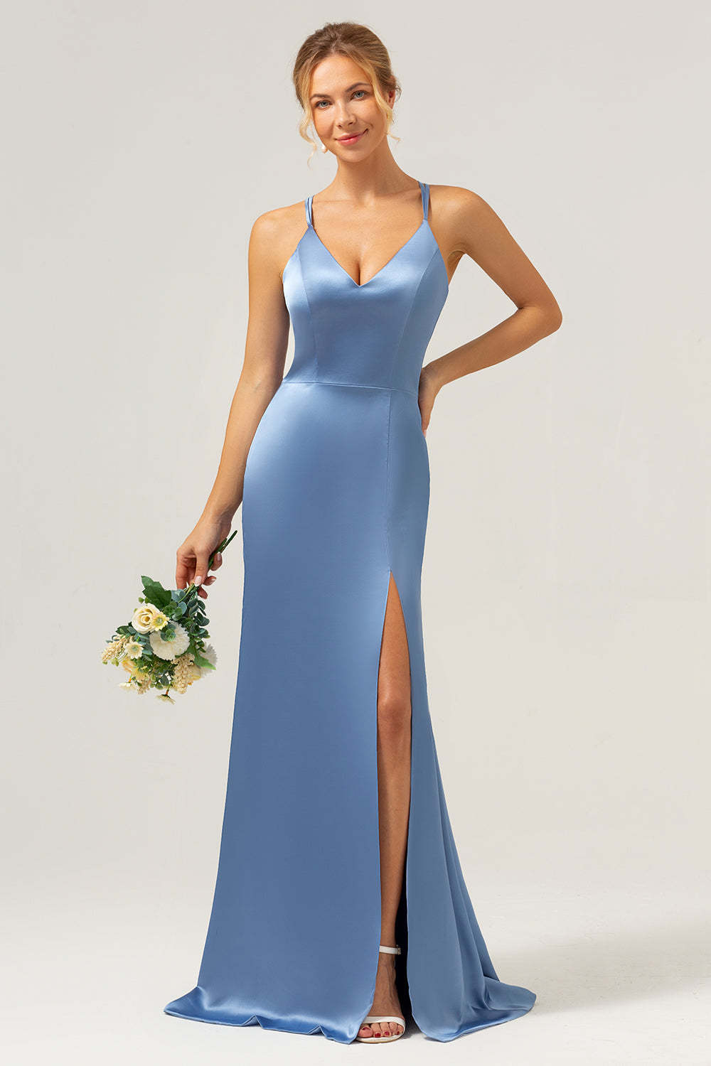 Leely Women Blue Mermaid Satin Bridesmaid Dress with Slit Wedding Party Dress