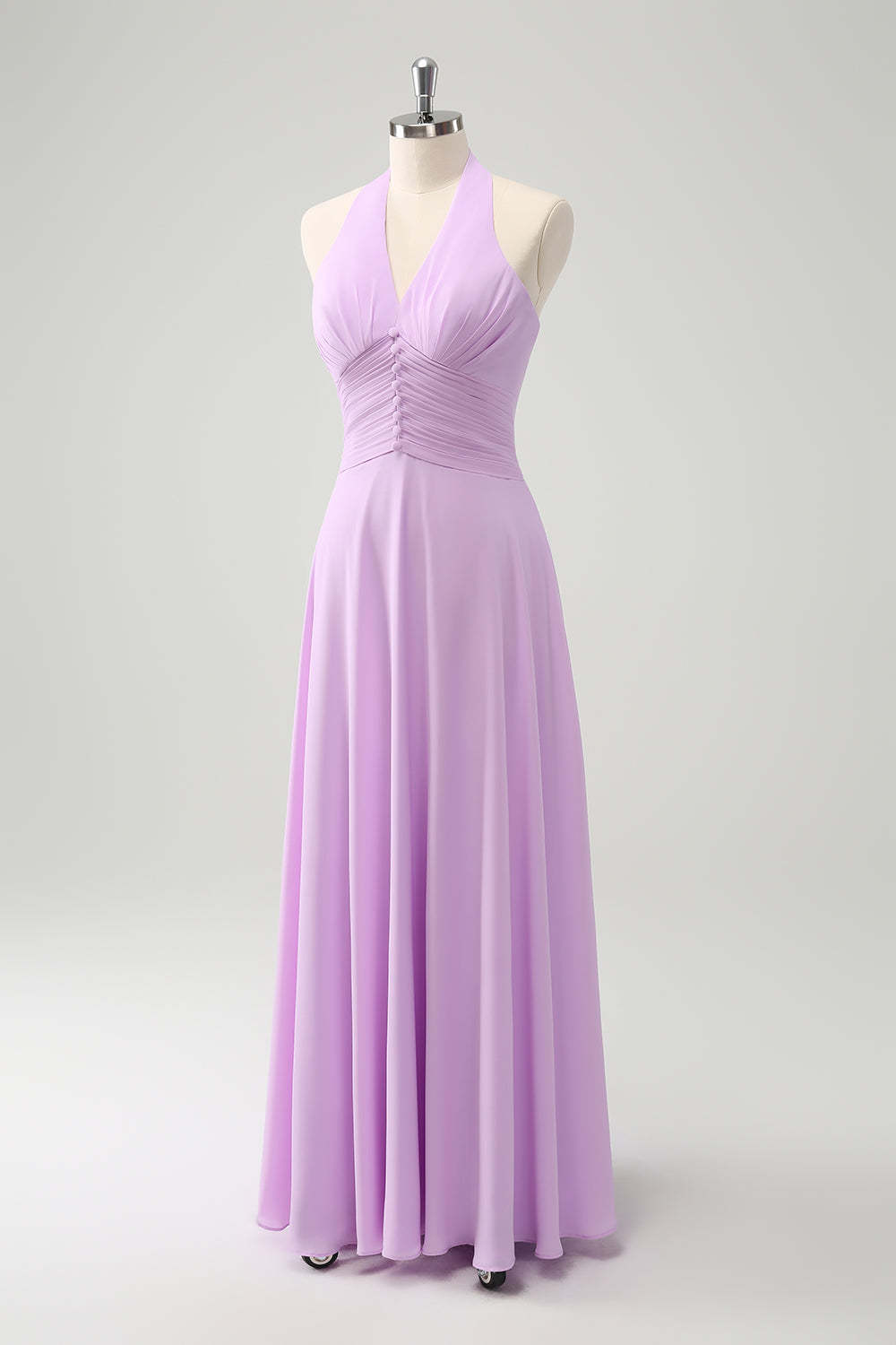 Purple A Line Halter Chiffon Long Backless Bridesmaid Dress