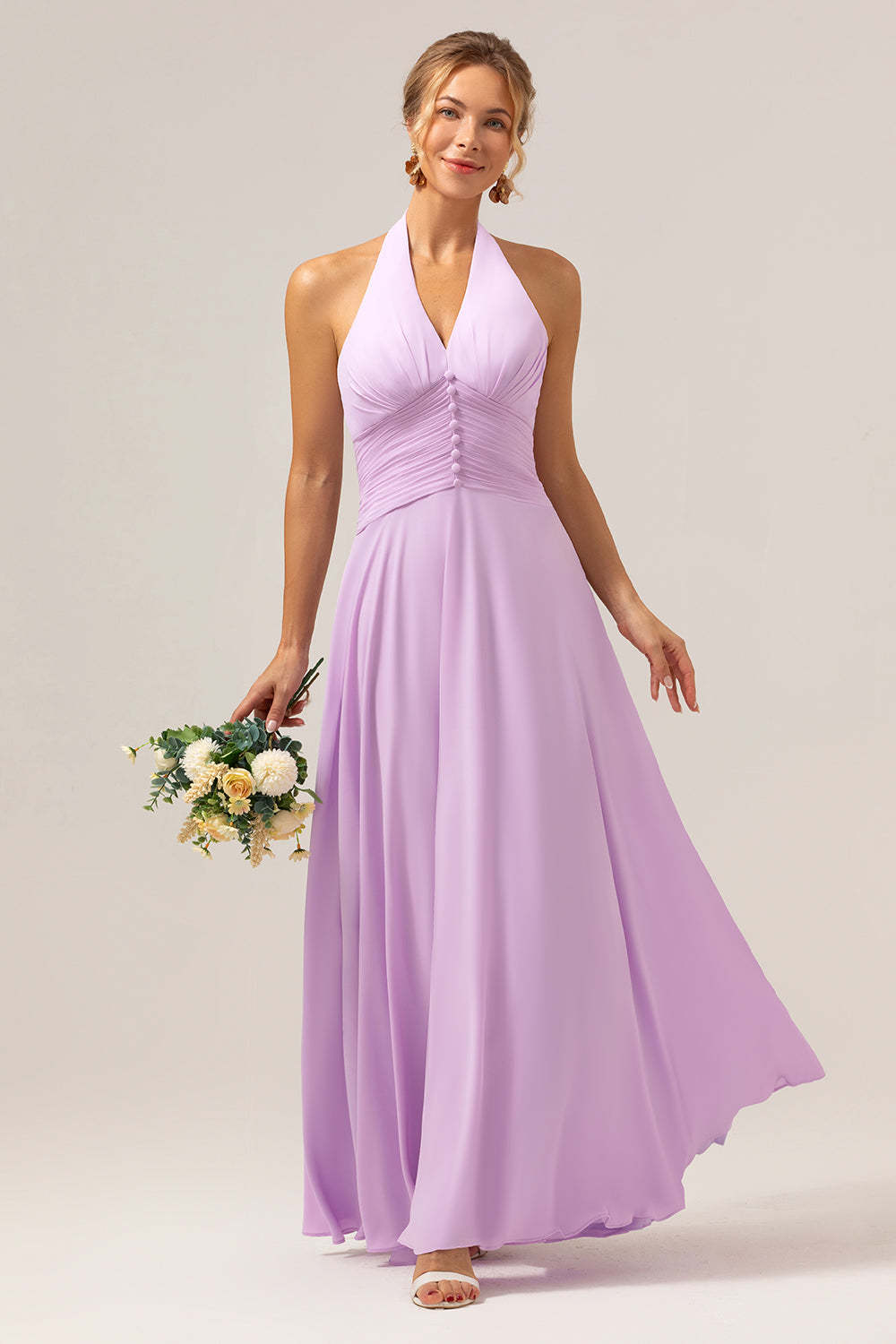 Leely Women Purple Bridesmaid Dress with Ruffles Halter A Line Chiffon Wedding Party Guest Dress