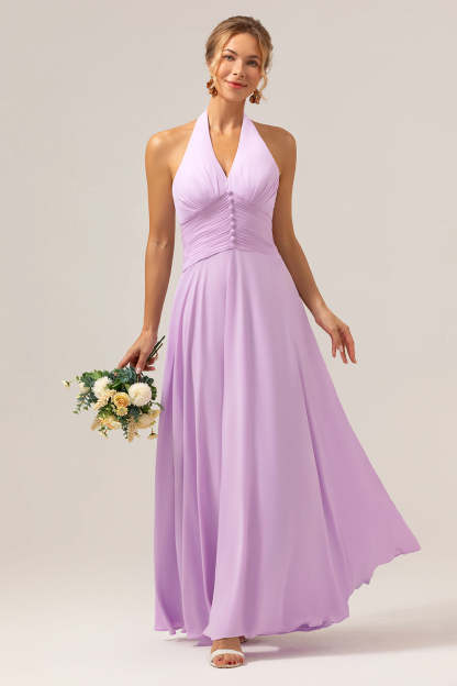 Leely Women Purple Bridesmaid Dress with Ruffles Halter A Line Chiffon Wedding Party Guest Dress