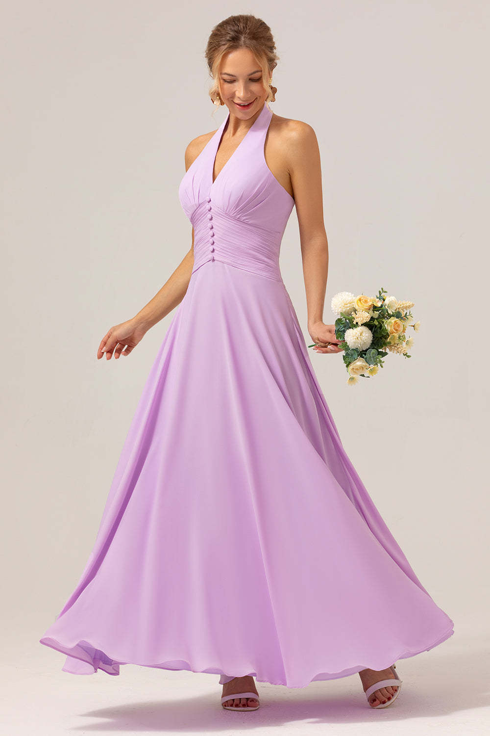 Purple A Line Halter Chiffon Pleated Backless Bridesmaid Dress