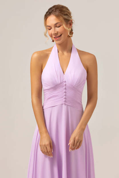 Purple A Line Halter Chiffon Pleated Backless Bridesmaid Dress